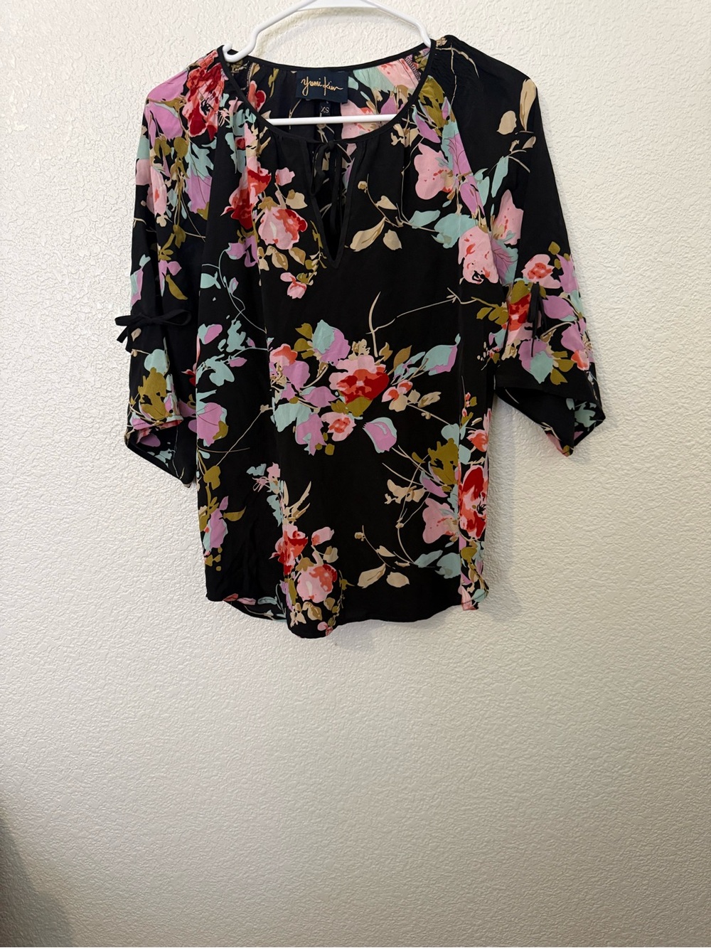 Yumi Kim Black Floral Tie-Neck Blouse with Pink and Red Blooms